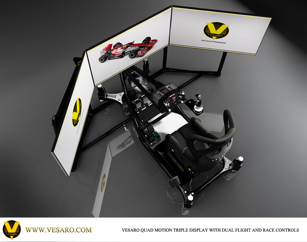 Render of a Vesaro quad motion simulator with three white screens, dual flight and race controls, seen from above