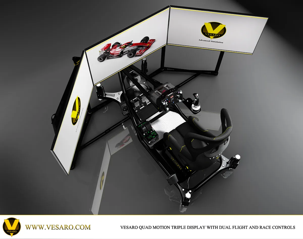 Render of a Vesaro quad motion simulator with three white screens, dual flight and race controls, seen from above