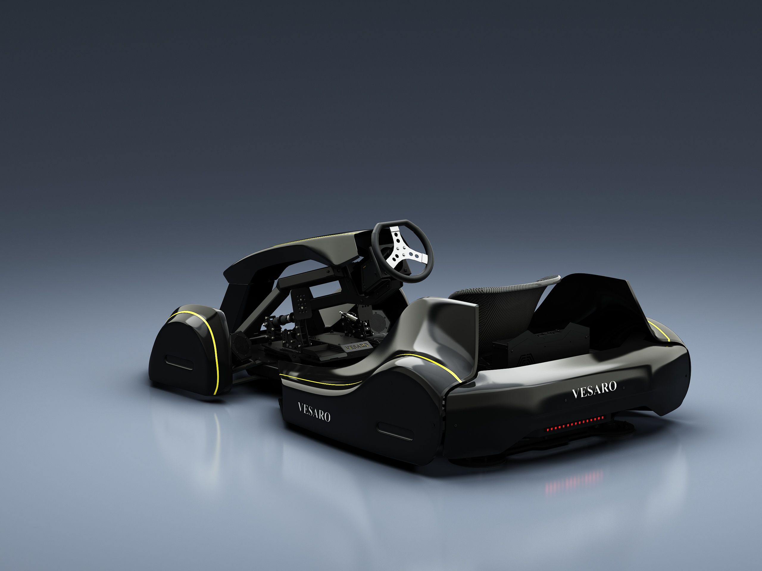 Vesaro Kart simulator seen from the front three-quarter with steering wheel and black bodywork