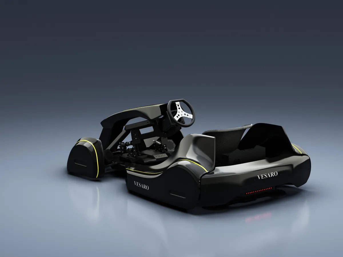 Vesaro Kart simulator seen from the front three-quarter with steering wheel and black bodywork