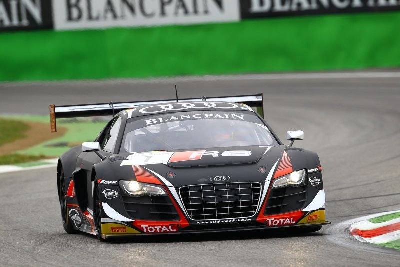 Audi R8 GT3 race car in Blancpain GT Series livery driving on a circuit