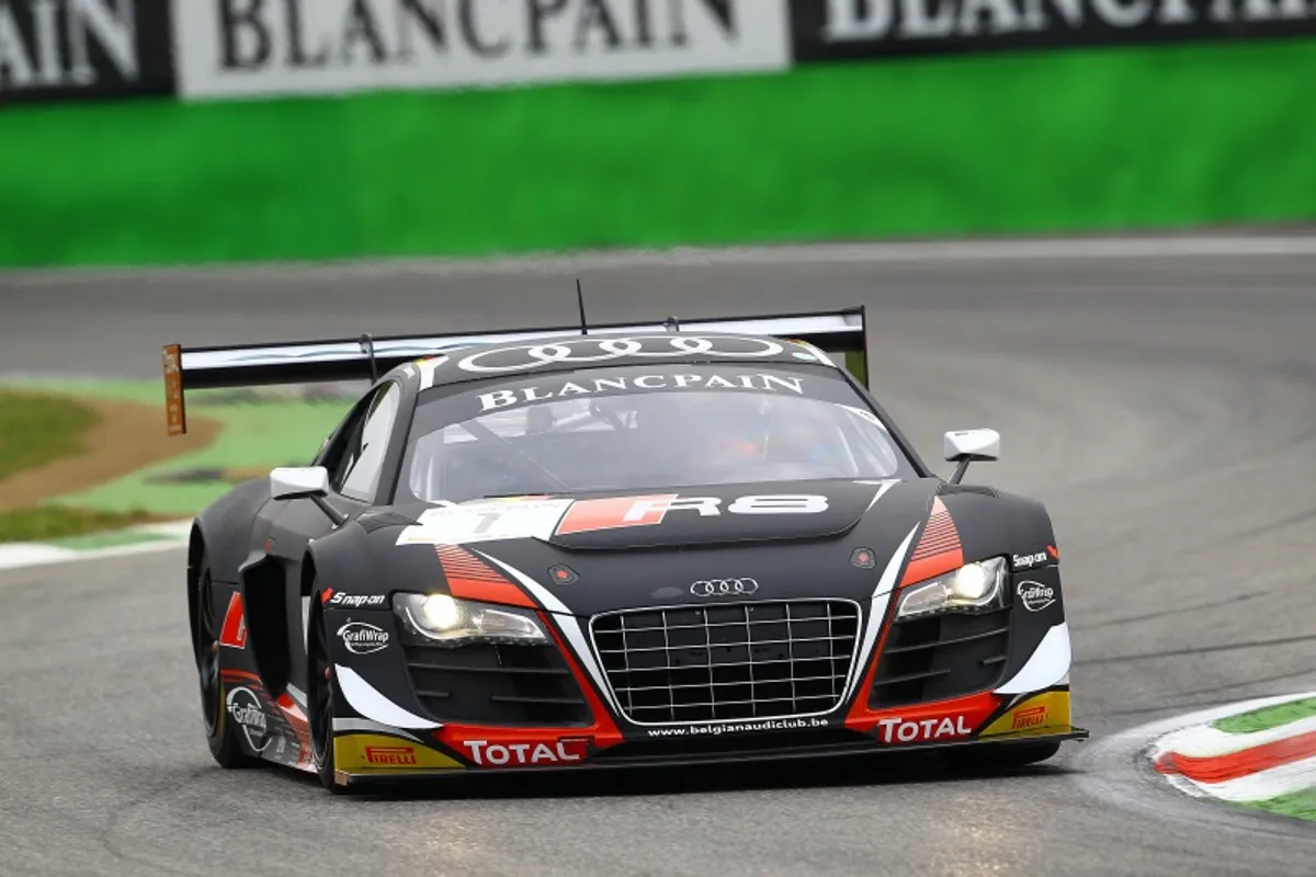 Audi R8 GT3 race car in Blancpain GT Series livery driving on a circuit