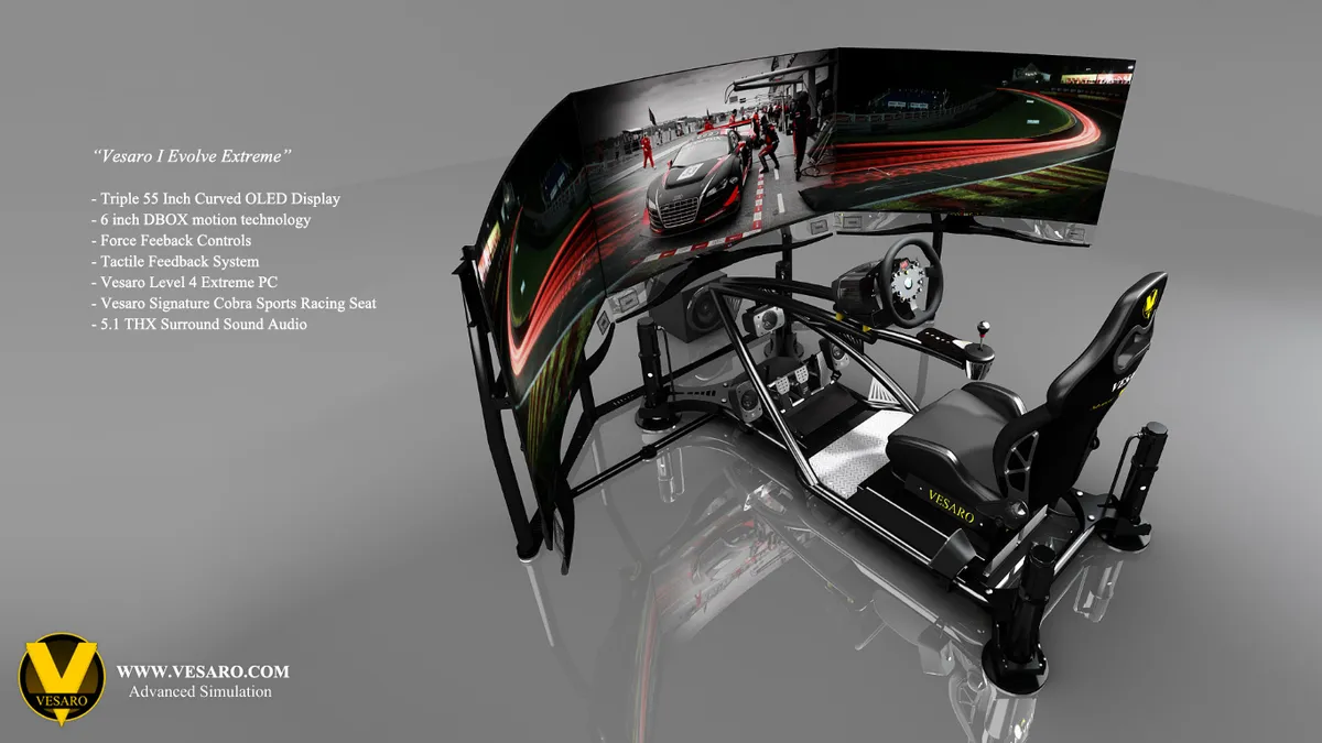 Render of the Vesaro I Evolve Extreme with a wraparound triple display showing a race, front three-quarter view