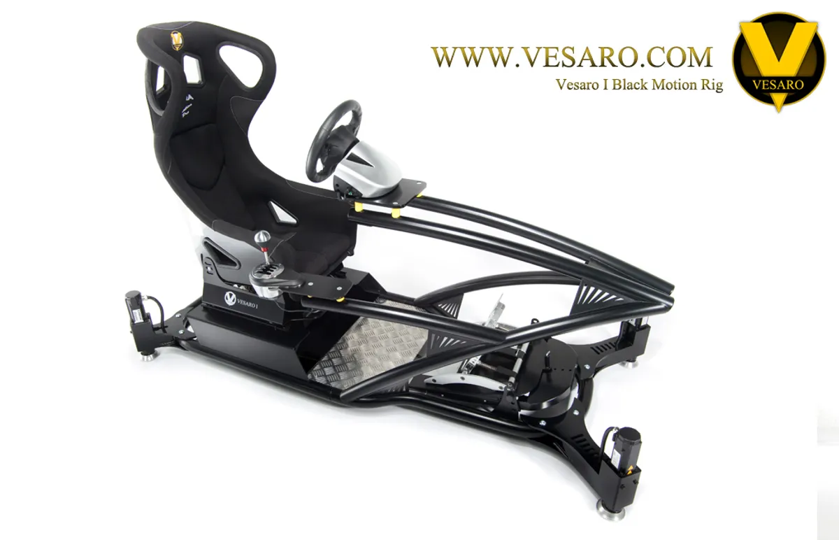 Black Vesaro I Black Motion Rig on a white background, front three-quarter view with bucket seat and wheel