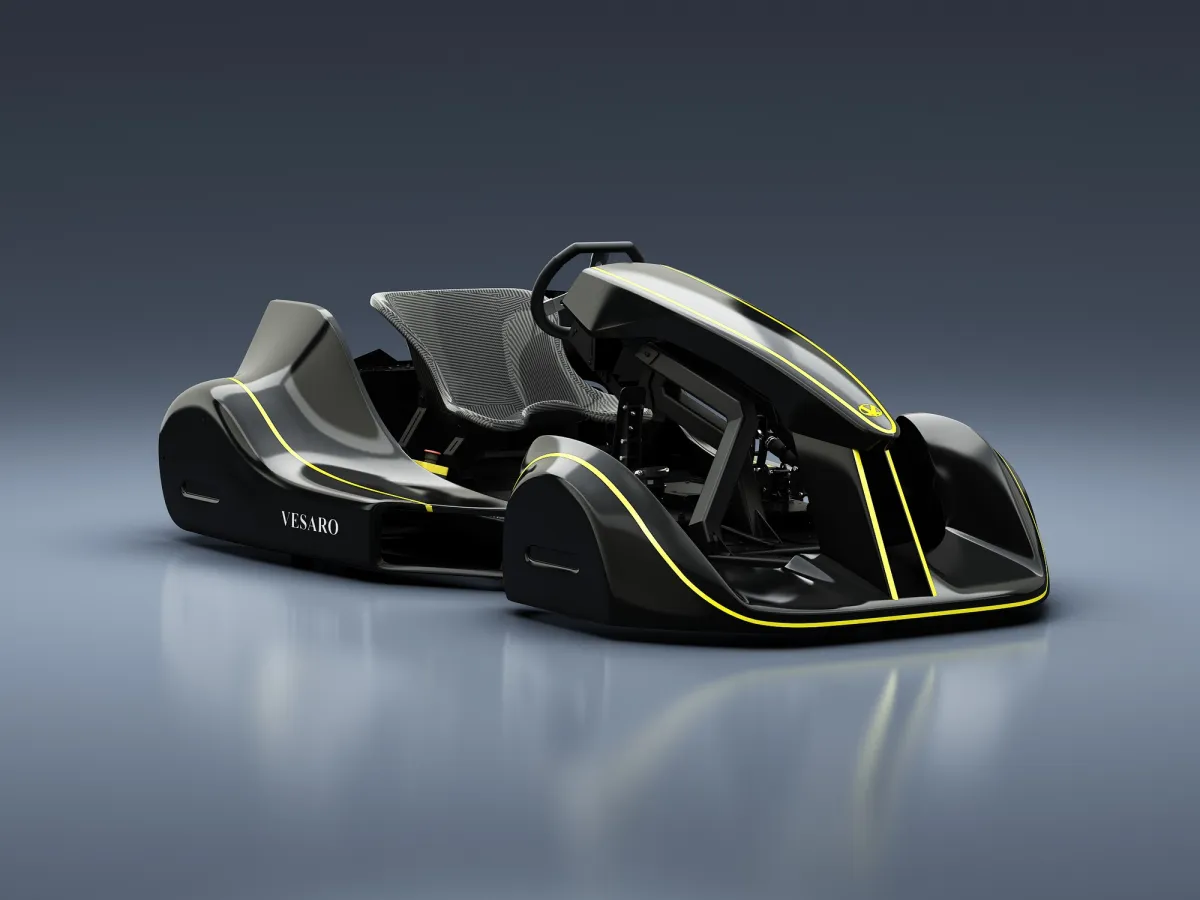 Vesaro Kart simulator in black with yellow accent lines and Vesaro badging, front three-quarter render