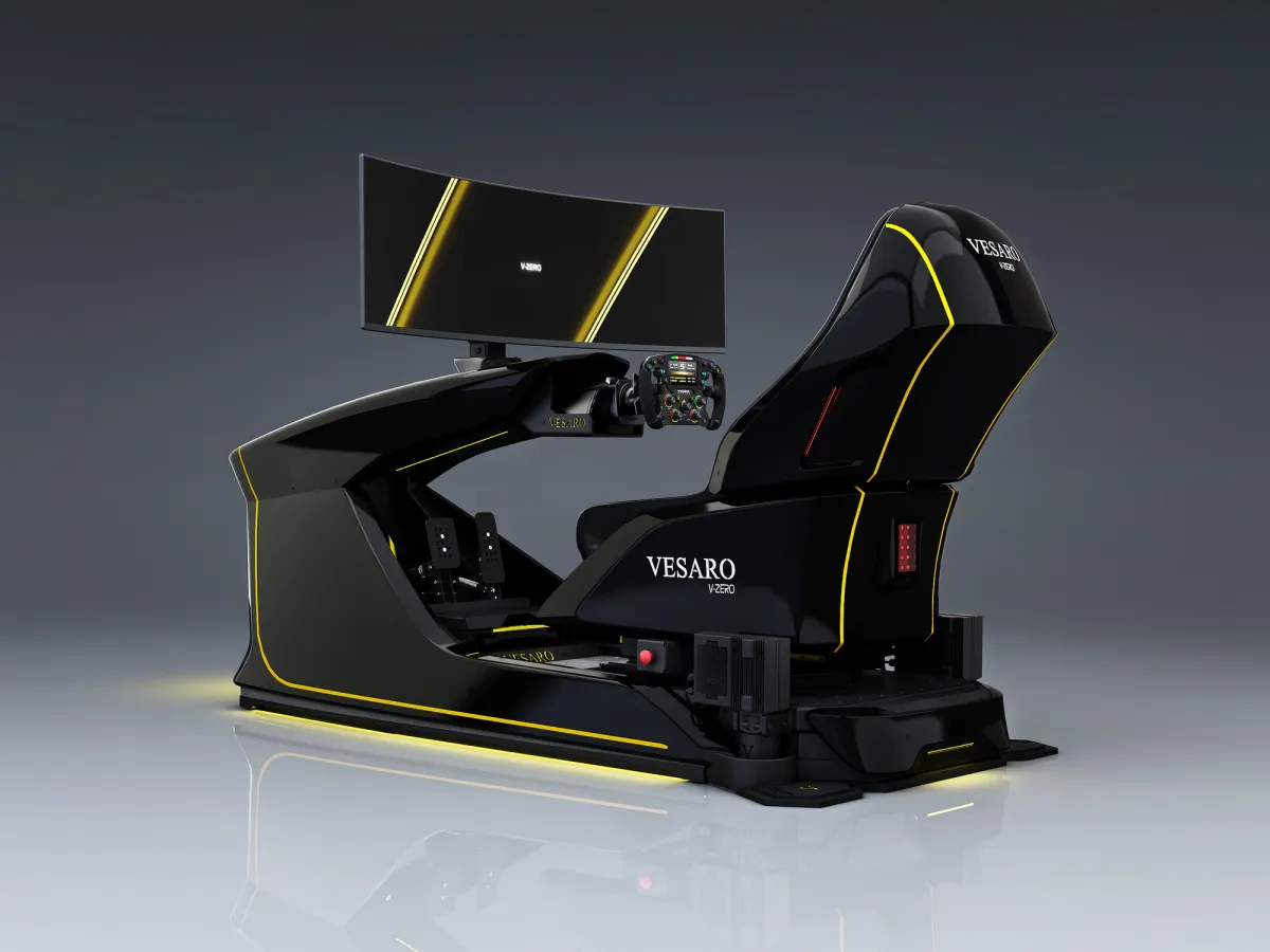 Black V-ZERO simulator with yellow trim, curved display and bucket seat, front three-quarter render