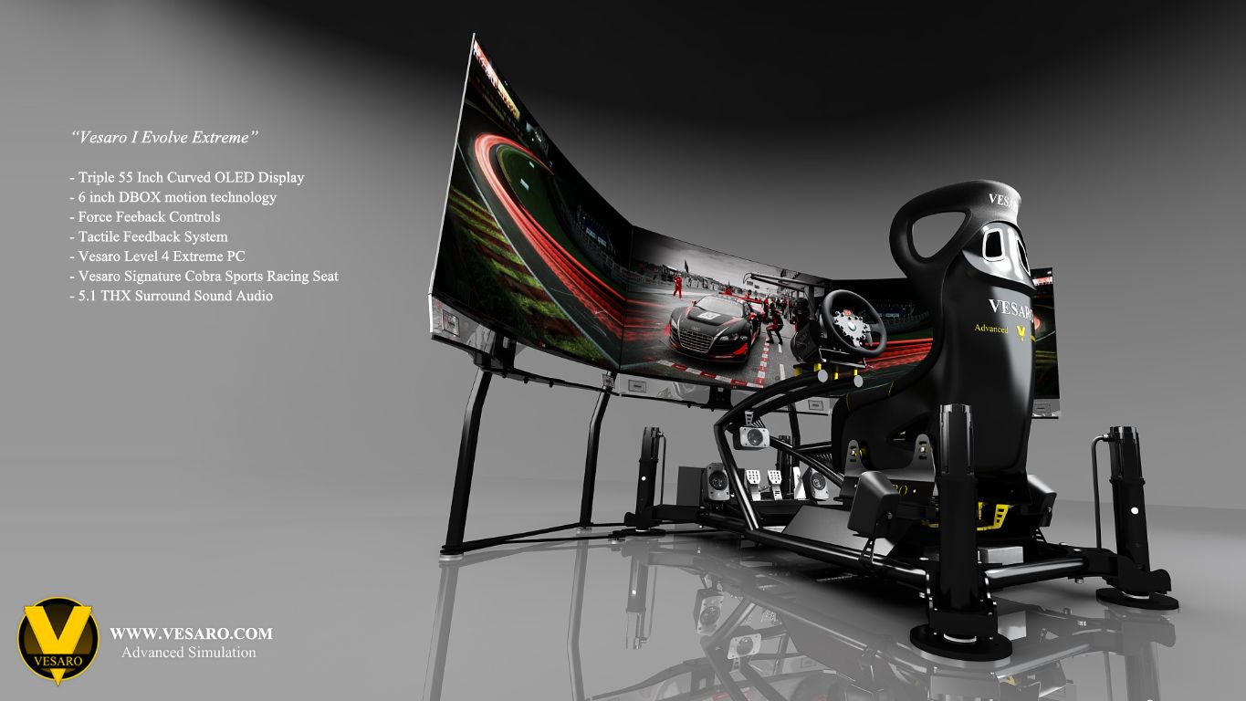 Side render of the Vesaro I Evolve Extreme with a large curved display, carbon seat and motion actuators