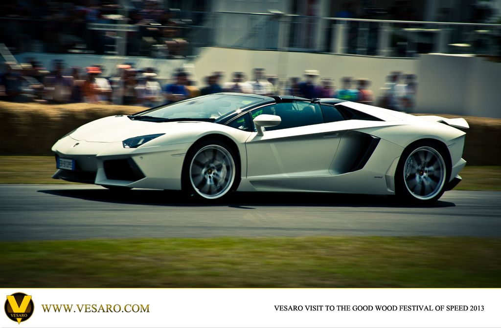 White Lamborghini Aventador roadster driving past spectators at Goodwood Festival of Speed 2013