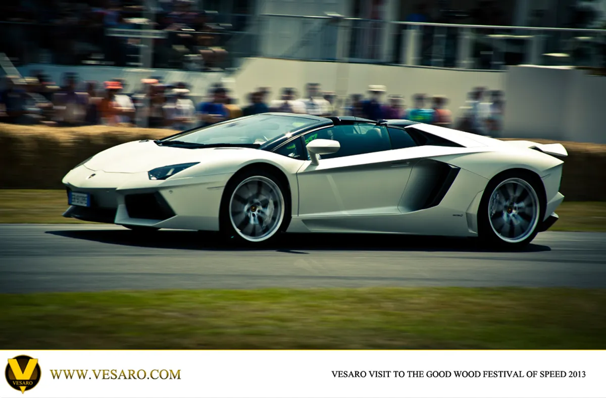 White Lamborghini Aventador roadster driving past spectators at Goodwood Festival of Speed 2013
