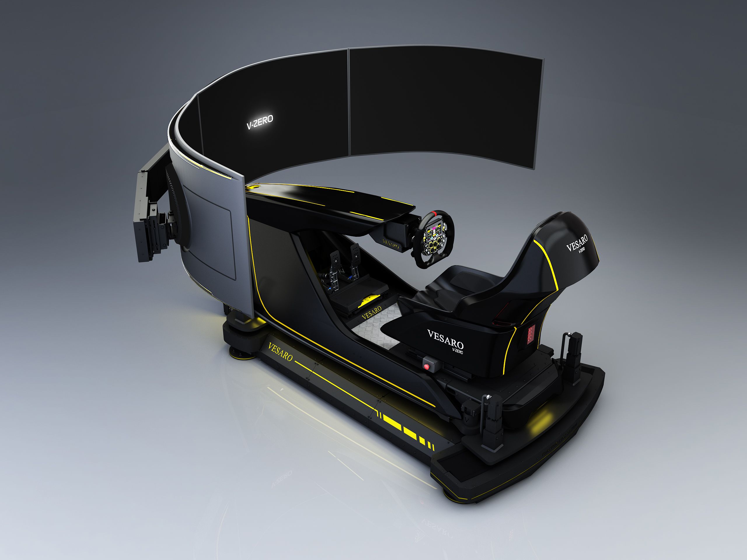 Vesaro V-Zero simulator with a wraparound triple curved display on a motion base, high three-quarter view