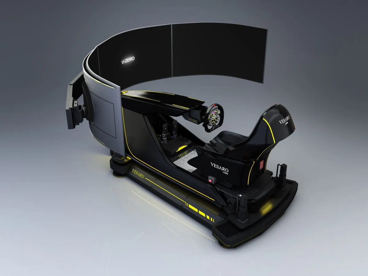 Vesaro V-Zero simulator with a wraparound triple curved display on a motion base, high three-quarter view