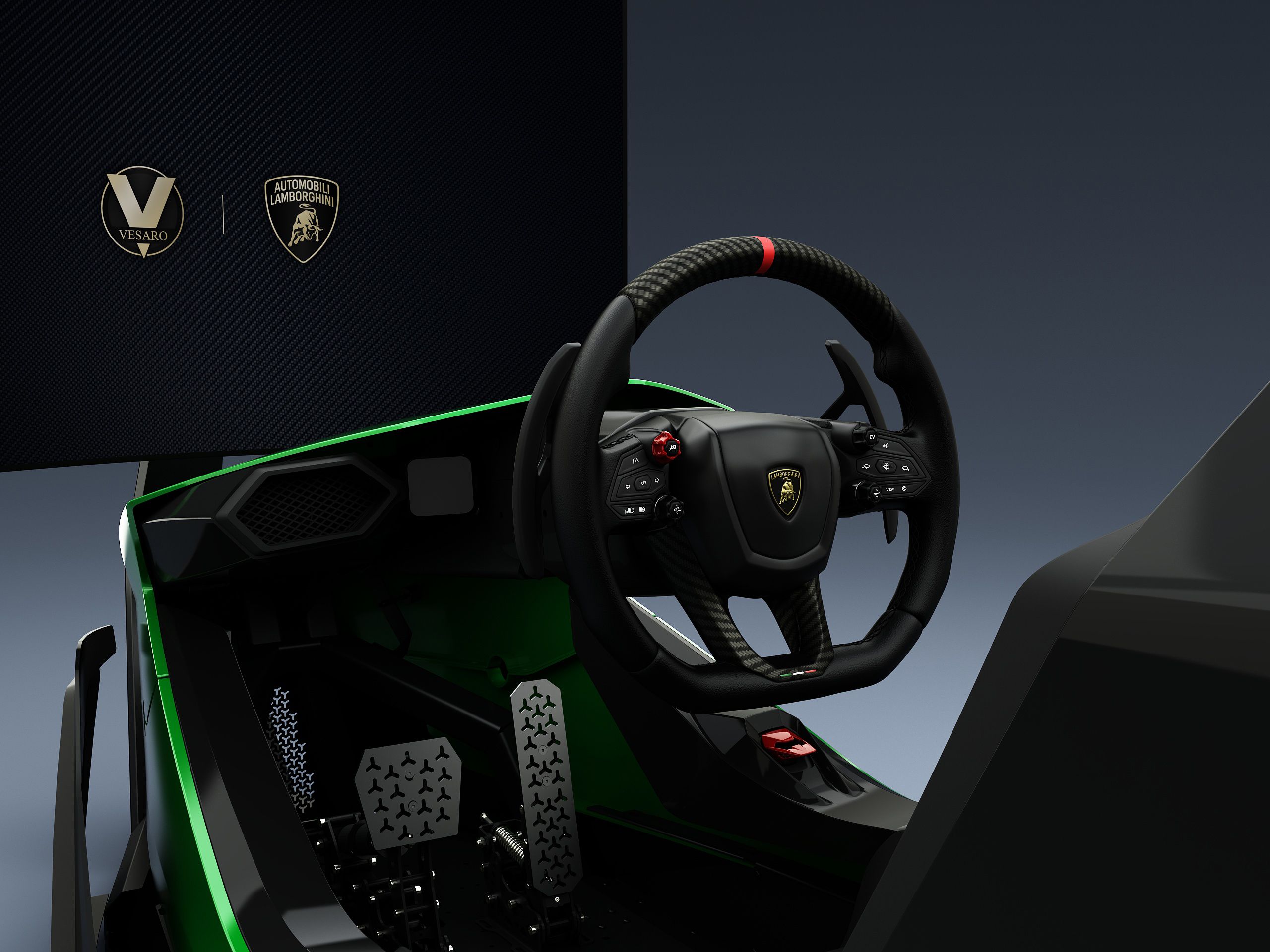Lamborghini steering wheel and pedals in a green Vesaro Automobili Lamborghini simulator cockpit