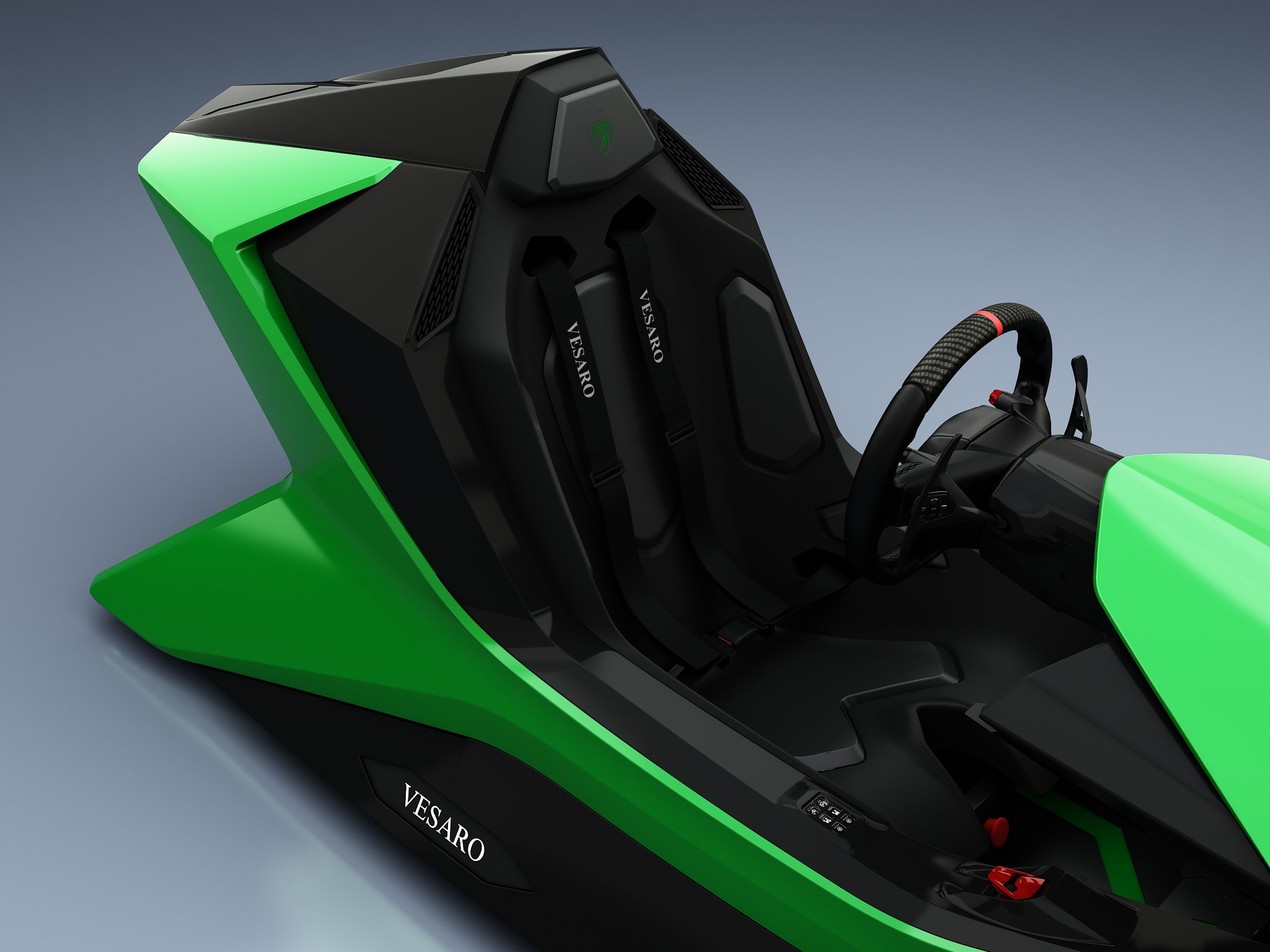 Green and black Vesaro Lamborghini simulator cockpit with bucket seat and Vesaro harness, high three-quarter view