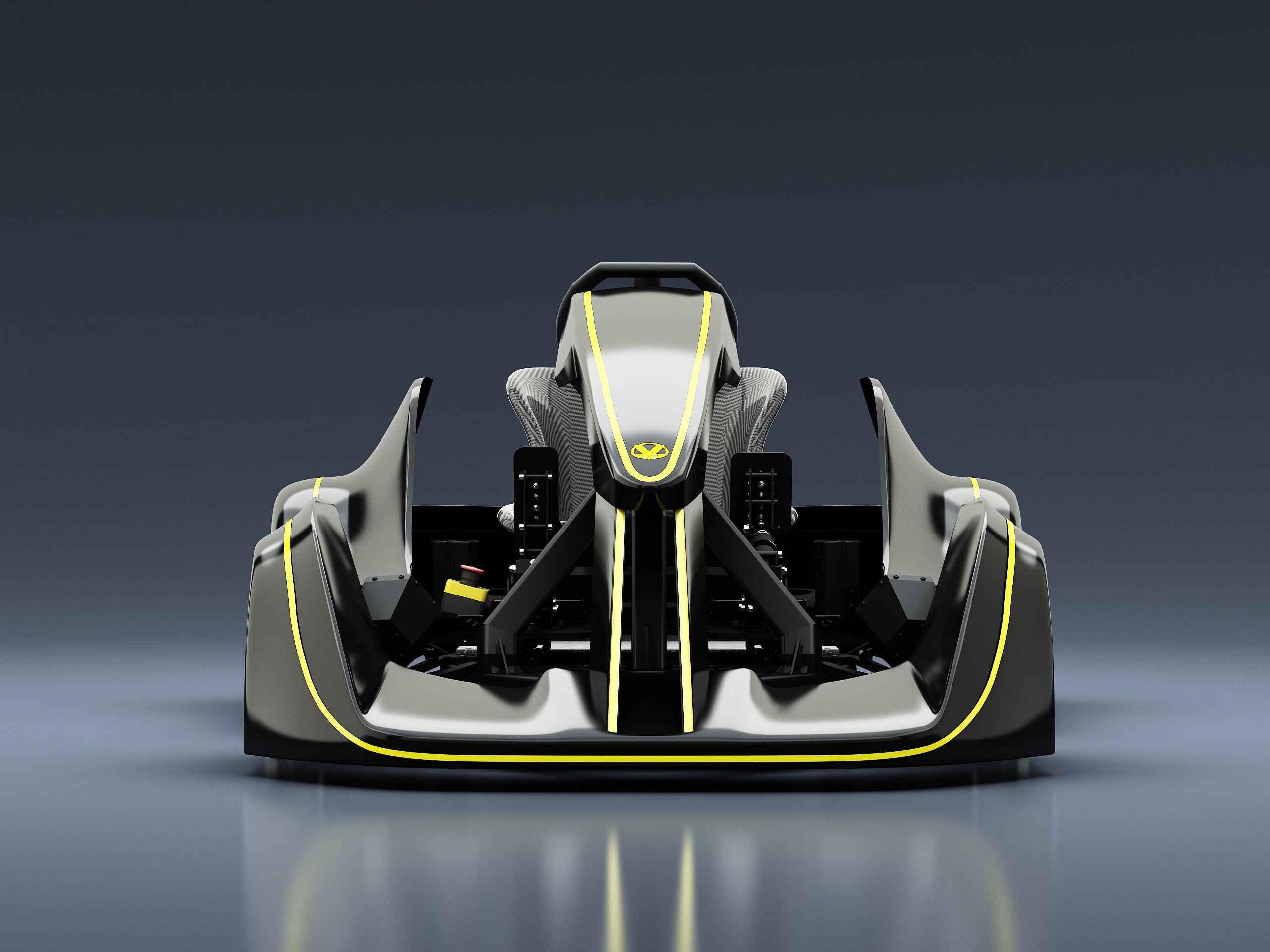 Front view of the Vesaro Kart simulator with yellow light lines tracing the nose and sidepods