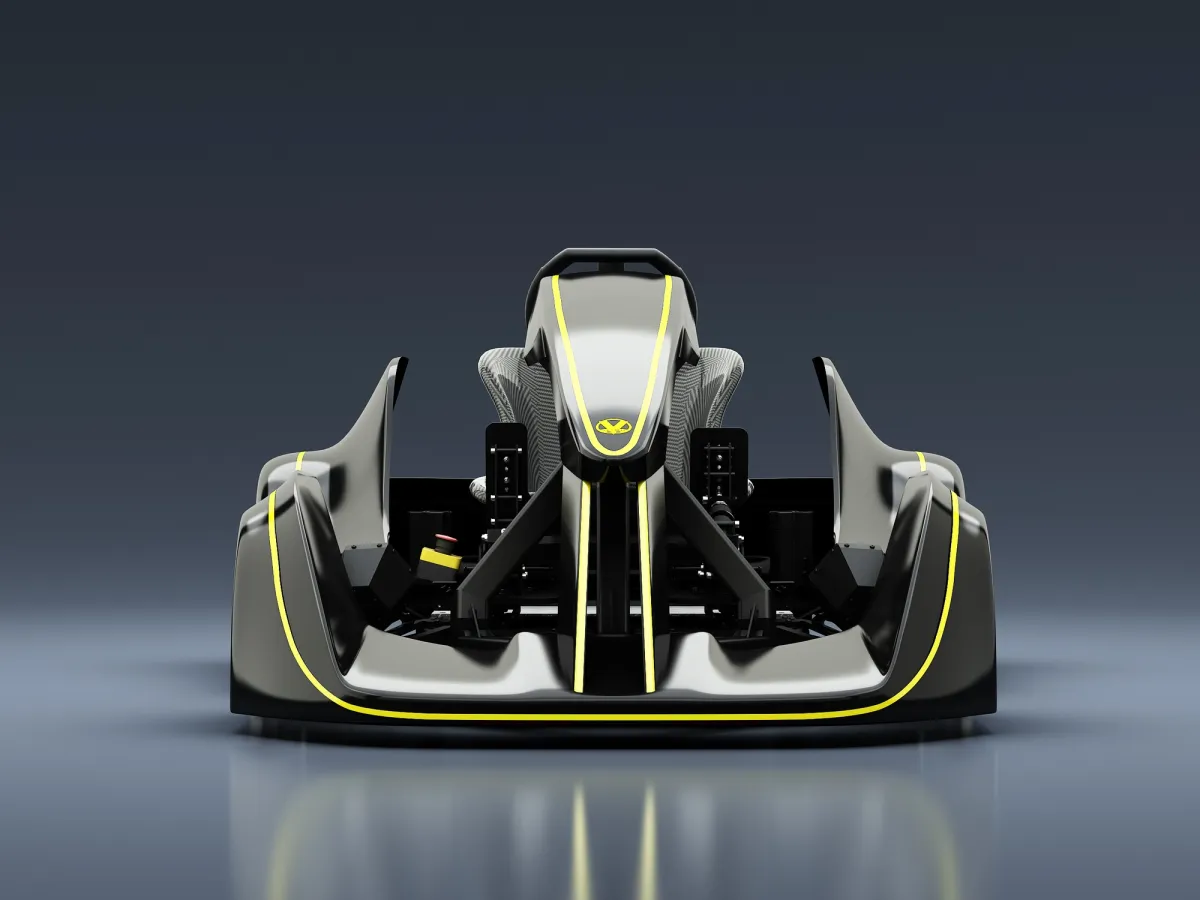 Front view of the Vesaro Kart simulator with yellow light lines tracing the nose and sidepods