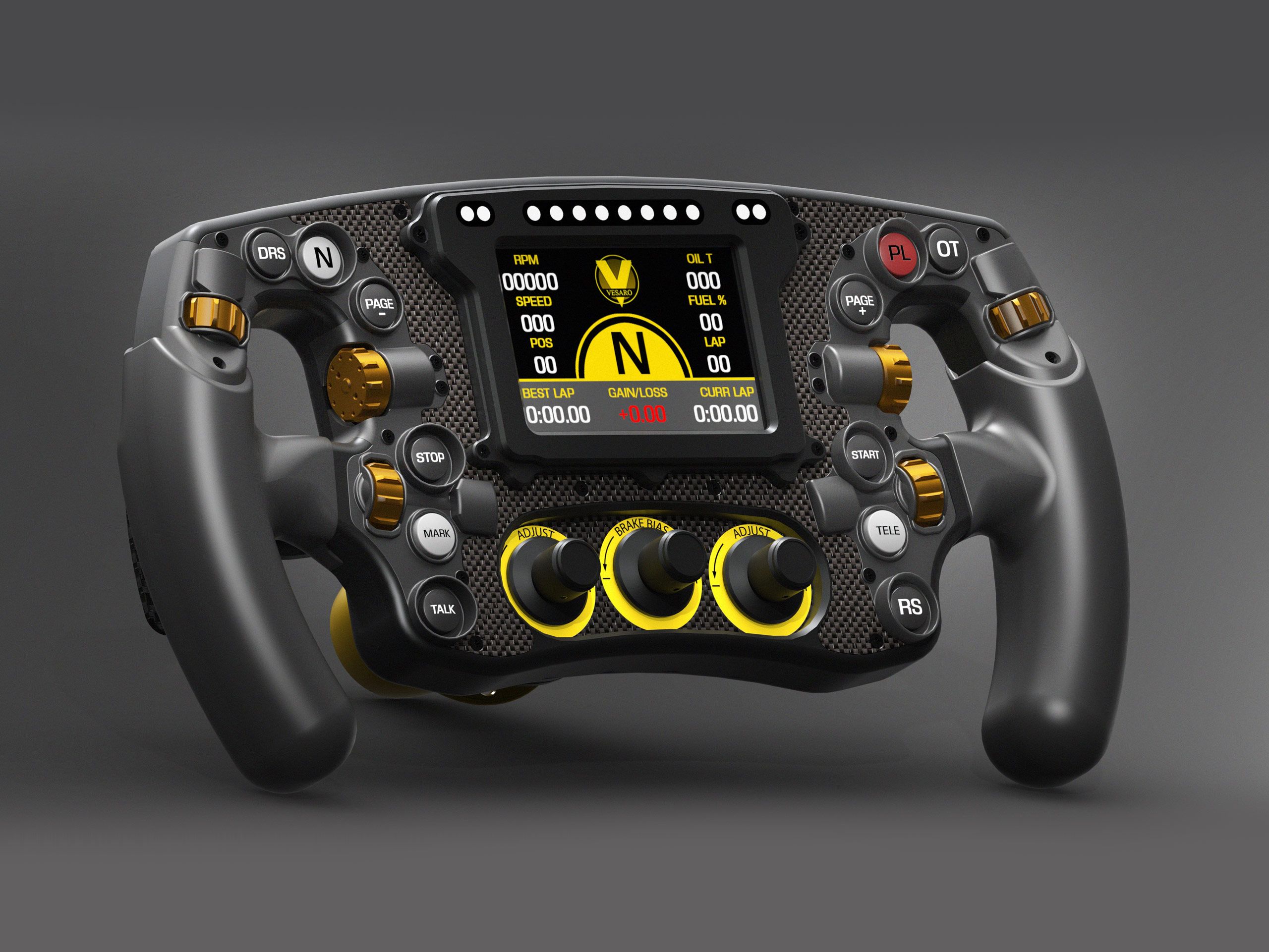 Formula-style steering wheel render with a colour display, carbon fibre trim and gold rotary knobs
