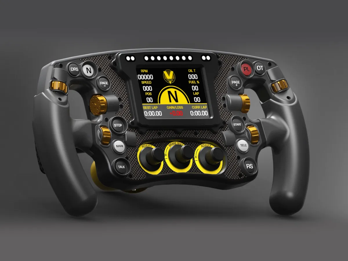 Formula-style steering wheel render with a colour display, carbon fibre trim and gold rotary knobs