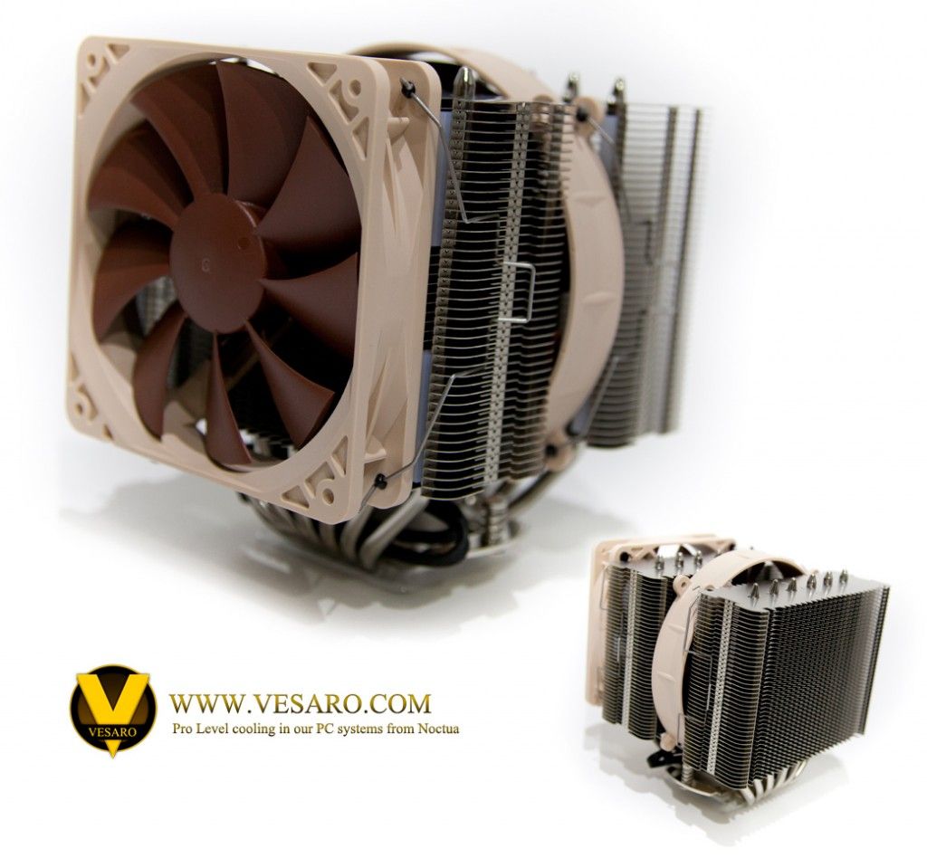 Noctua dual-tower CPU cooler with a large brown fan, shown with a smaller second view and Vesaro logo