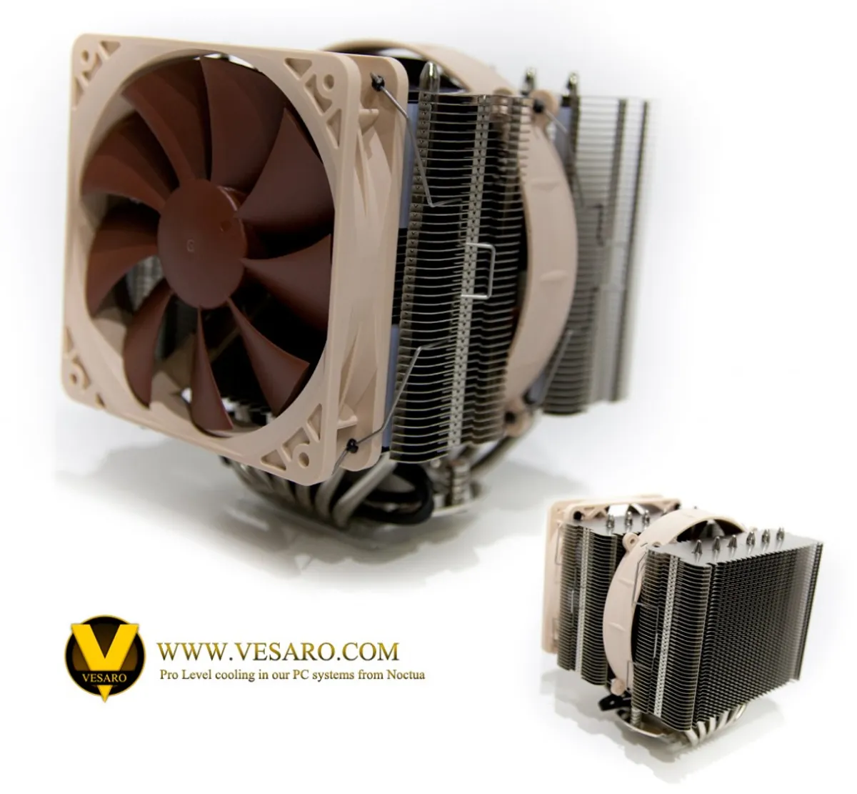 Noctua dual-tower CPU cooler with a large brown fan, shown with a smaller second view and Vesaro logo