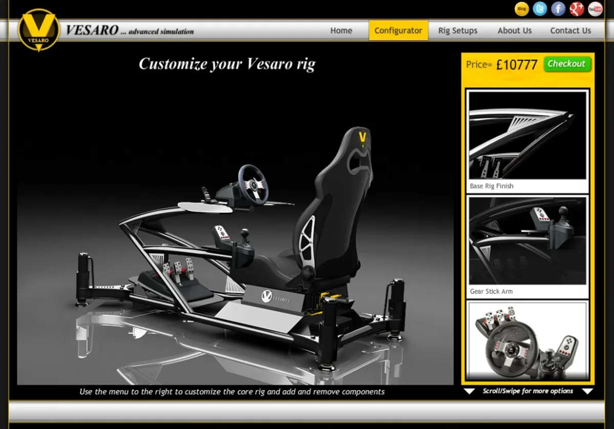 Screenshot of an early Vesaro website configurator showing a black rig with seat and controls and a price of 10,777 pounds