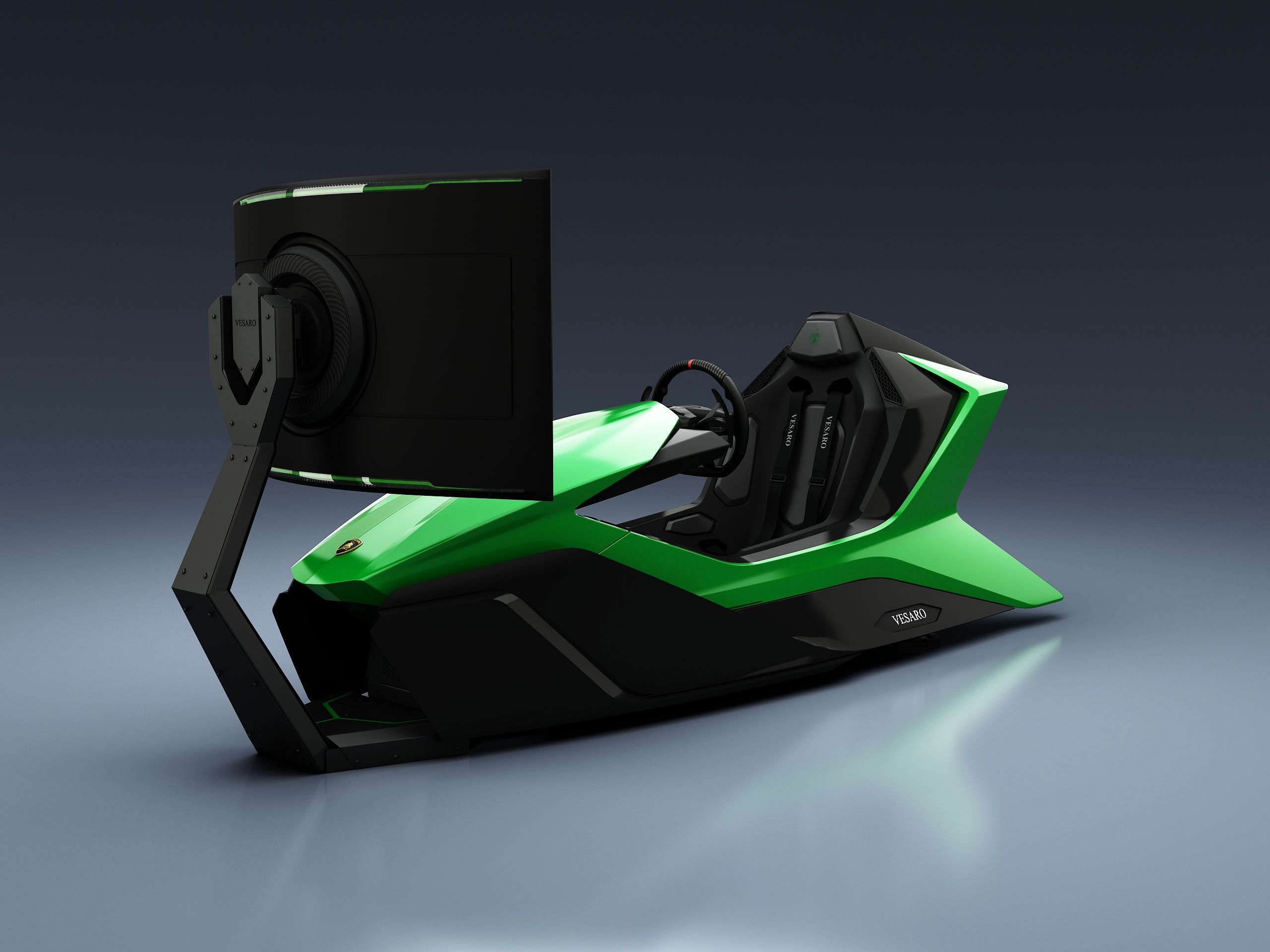 Green and black Lamborghini-themed Vesaro racing simulator with a single curved display on a stand, rear three-quarter view