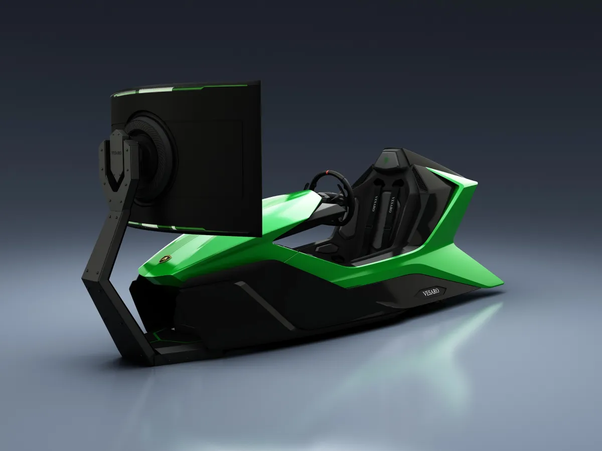 Green and black Lamborghini-themed Vesaro racing simulator with a single curved display on a stand, rear three-quarter view