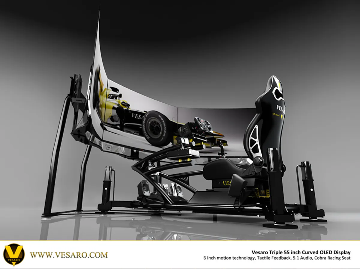 Vesaro triple curved OLED simulator with a black and gold Cobra seat, viewed from the side on a motion base