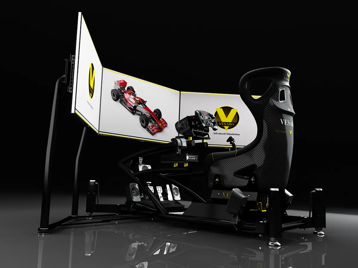 Render of a black Vesaro simulator with carbon bucket seat and three white screens showing a red Formula car