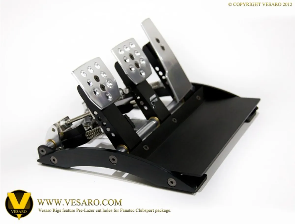 Fanatec Clubsport three-pedal set with perforated metal pedals on a black base plate