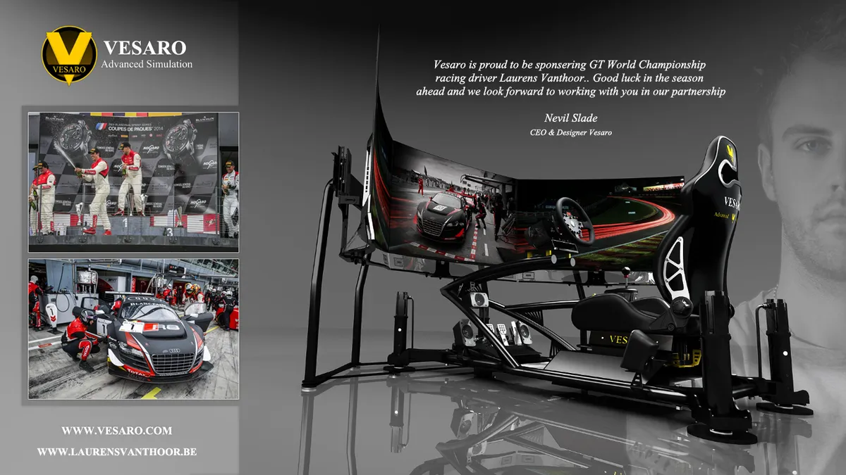 Vesaro announcement graphic for GT World Championship driver Laurens Vanthoor, with a curved-screen simulator and driver portrait