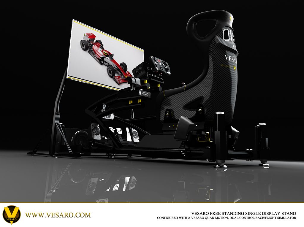 Render of a Vesaro quad motion simulator with a free-standing single display, carbon seat and dual controls
