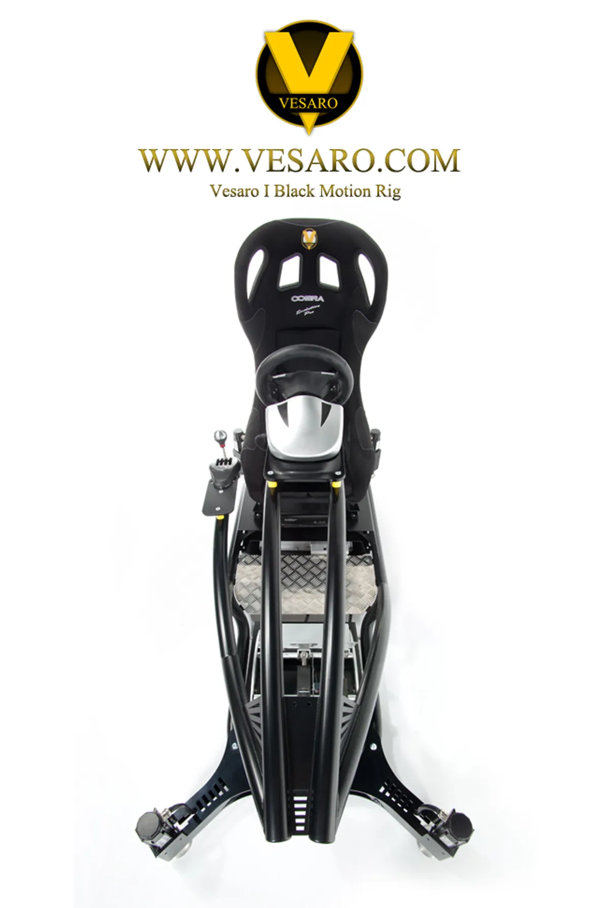 Top-down view of the Vesaro I Black Motion Rig showing the seat, frame and wheeled feet on white