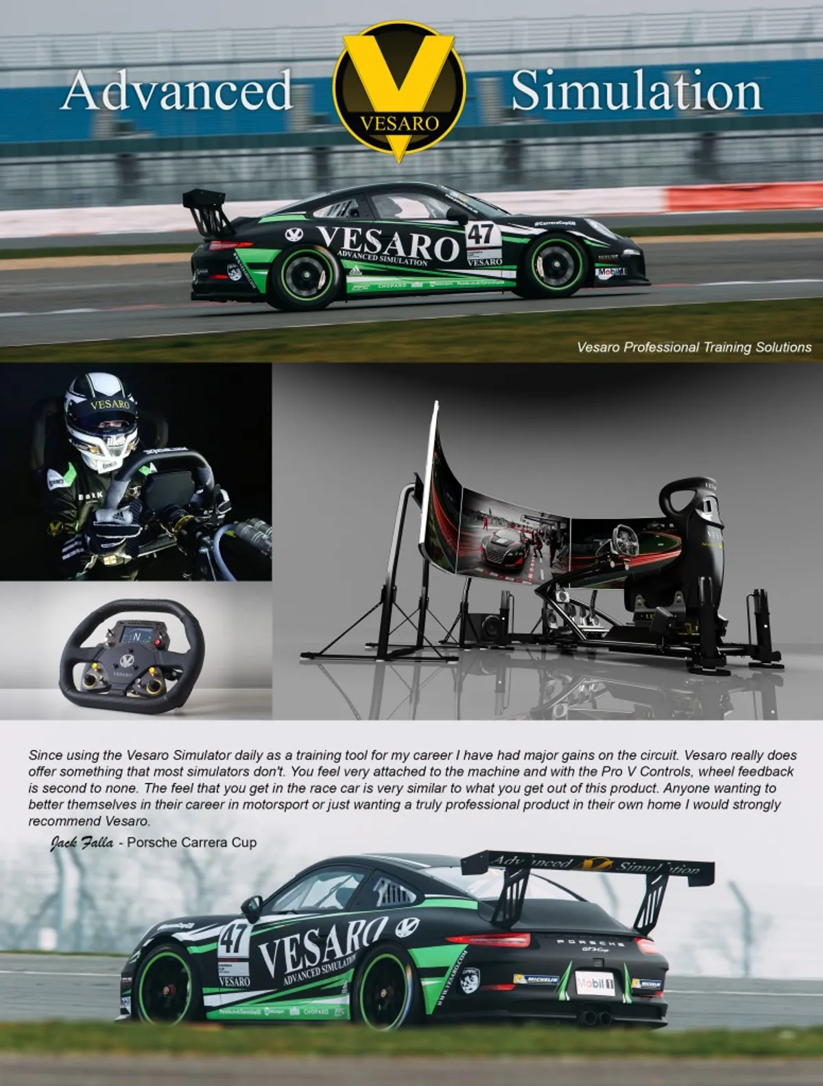 Advert collage with a green Vesaro-liveried Porsche race car, a helmeted driver, a rig and a Jack Falla testimonial