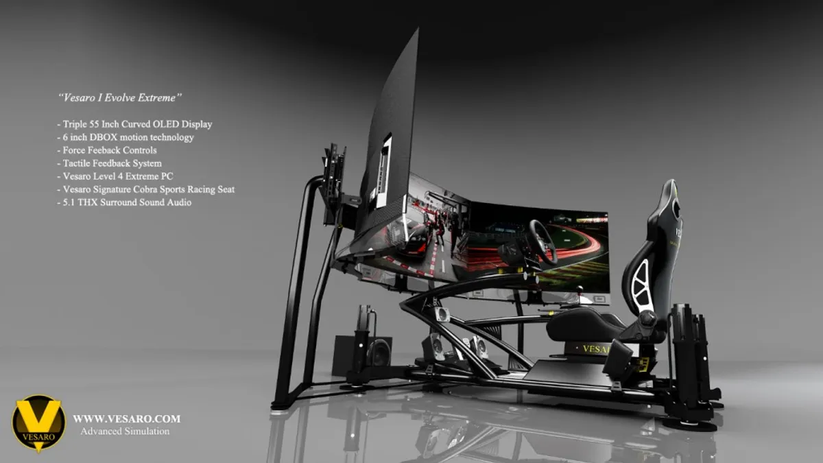 Render of the Vesaro I Evolve Extreme with a triple curved OLED display and bucket seat, with a spec list, front view