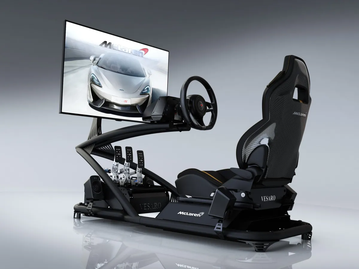 McLaren-branded Vesaro simulator with a single large display showing a McLaren car, black seat and pedals, studio view