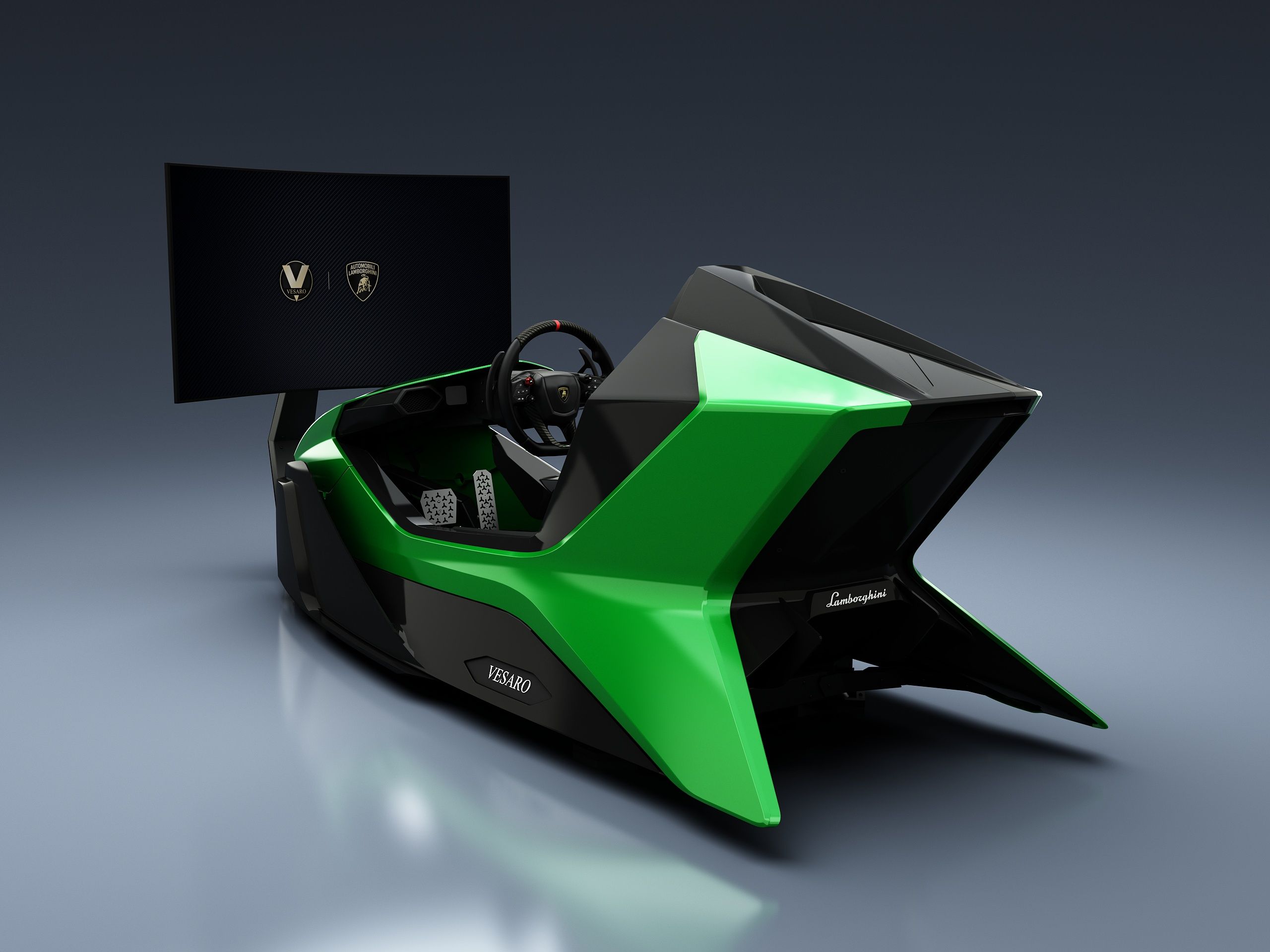 Green angular Vesaro x Lamborghini racing simulator with a curved display behind it, three-quarter front view