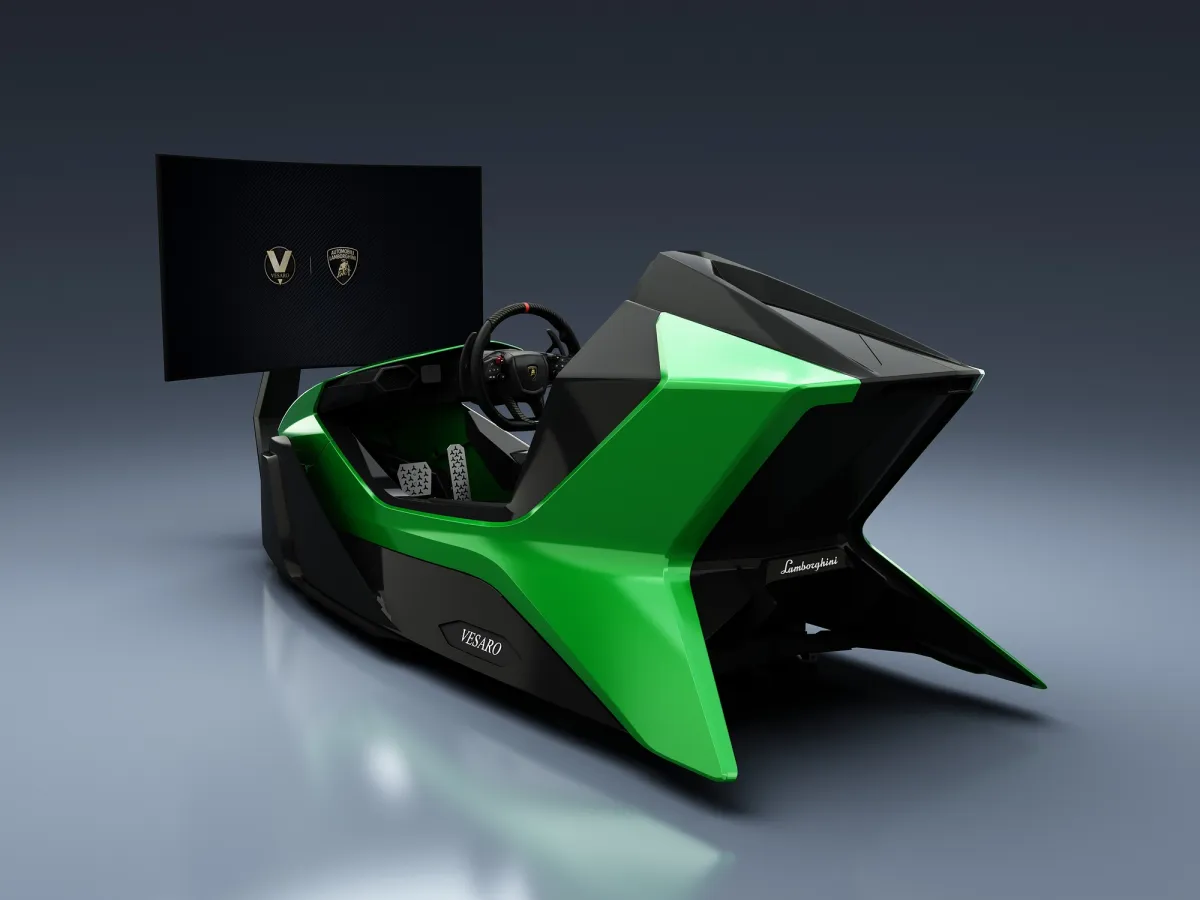 Green angular Vesaro x Lamborghini racing simulator with a curved display behind it, three-quarter front view
