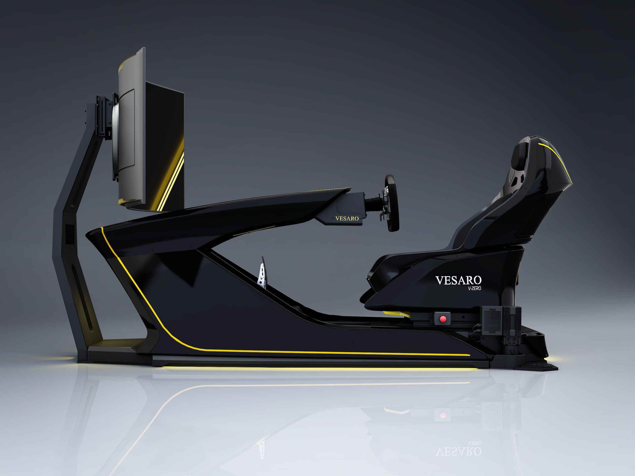 Vesaro V-Zero racing simulator in black with yellow accents, side profile with single upright display