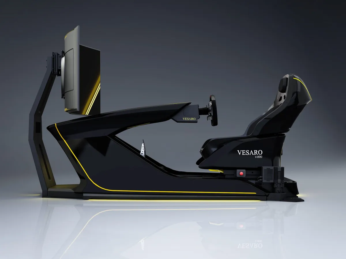 Vesaro V-Zero racing simulator in black with yellow accents, side profile with single upright display