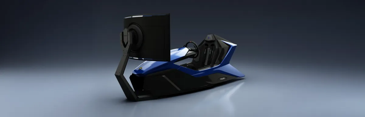 Blue Vesaro Lamborghini simulator with a single display on an arm, wide panoramic banner