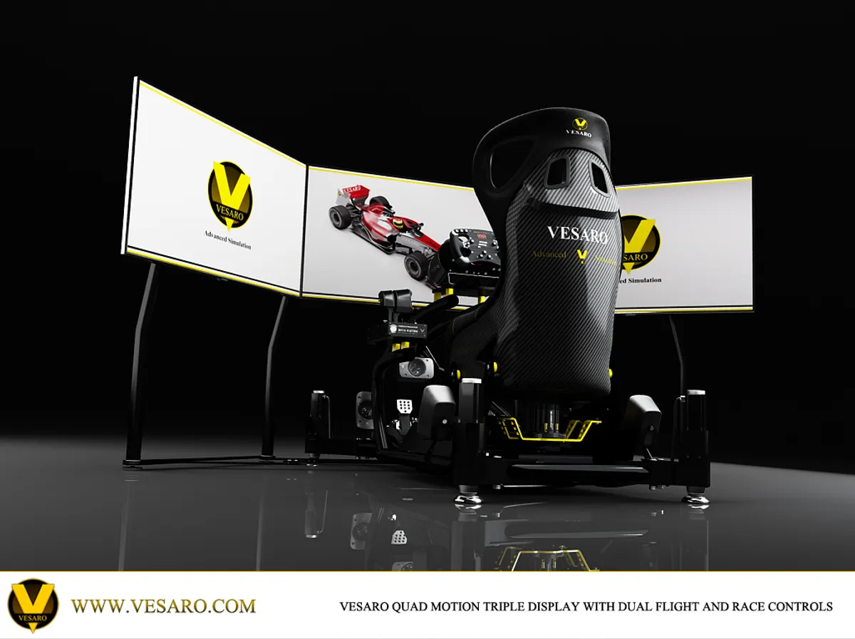 Rear view render of a Vesaro quad motion rig with carbon seat and three screens, dual flight and race controls