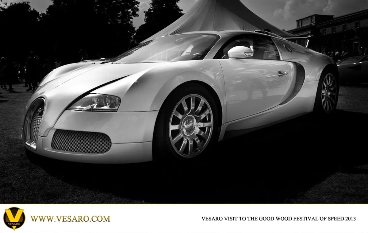 Black and white photo of a Bugatti Veyron parked on grass at Goodwood Festival of Speed 2013