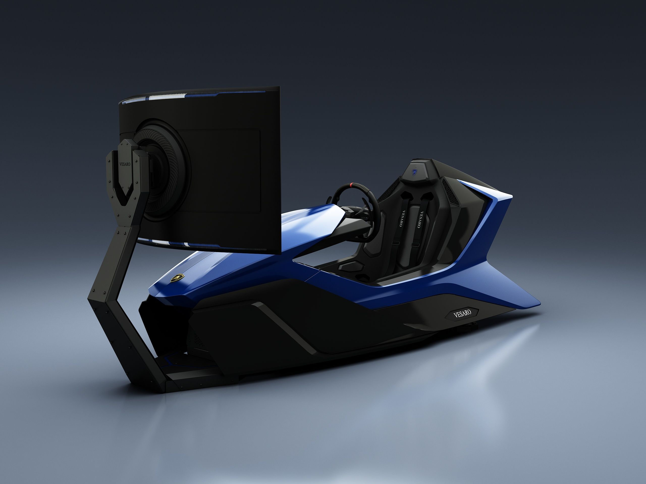 Blue and black Vesaro racing simulator with a single curved display on a stand, rear three-quarter view