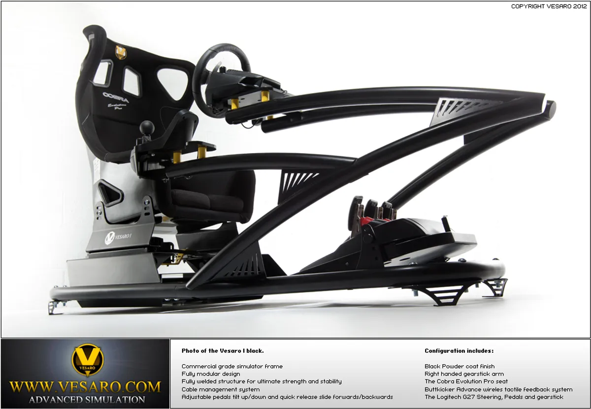 Vesaro I rig with black powder-coated frame, bucket seat and wheel on white, with a configuration spec list