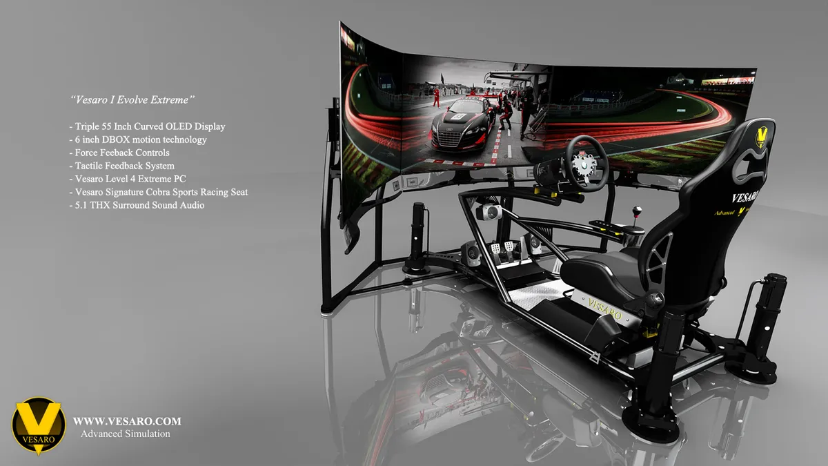 Front render of the Vesaro I Evolve Extreme with a curved triple display showing a pit lane scene and the seat in front