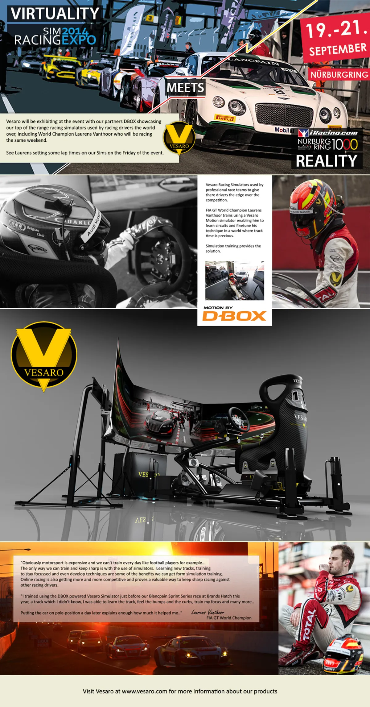 Event flyer for Virtuality Meets Reality, Sim Racing Expo 19-21 September at the Nürburgring, with Vesaro and D-BOX logos