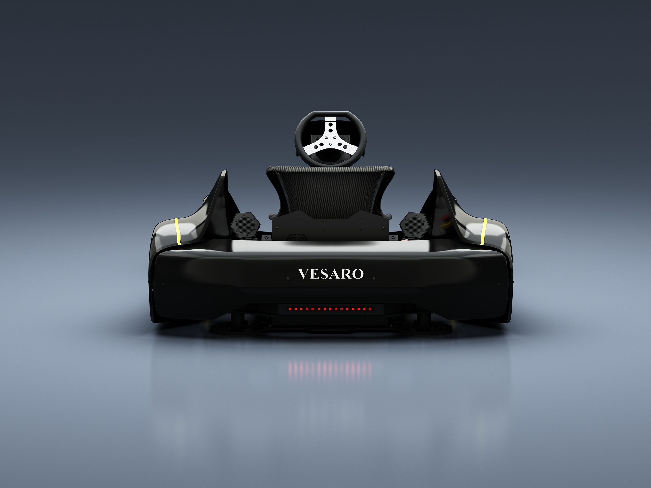 Rear view of the Vesaro Kart simulator showing the Vesaro badge and a red light strip