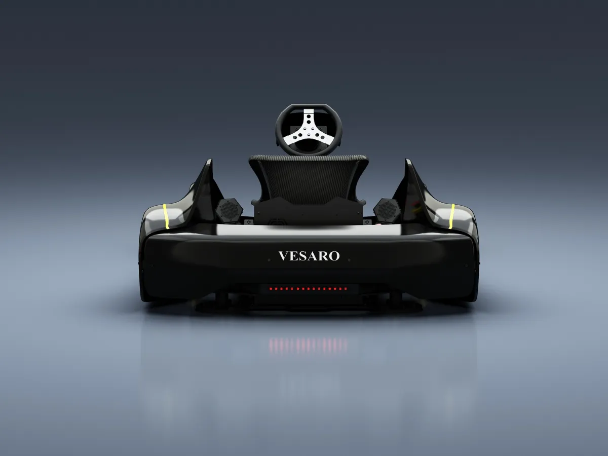 Rear view of the Vesaro Kart simulator showing the Vesaro badge and a red light strip