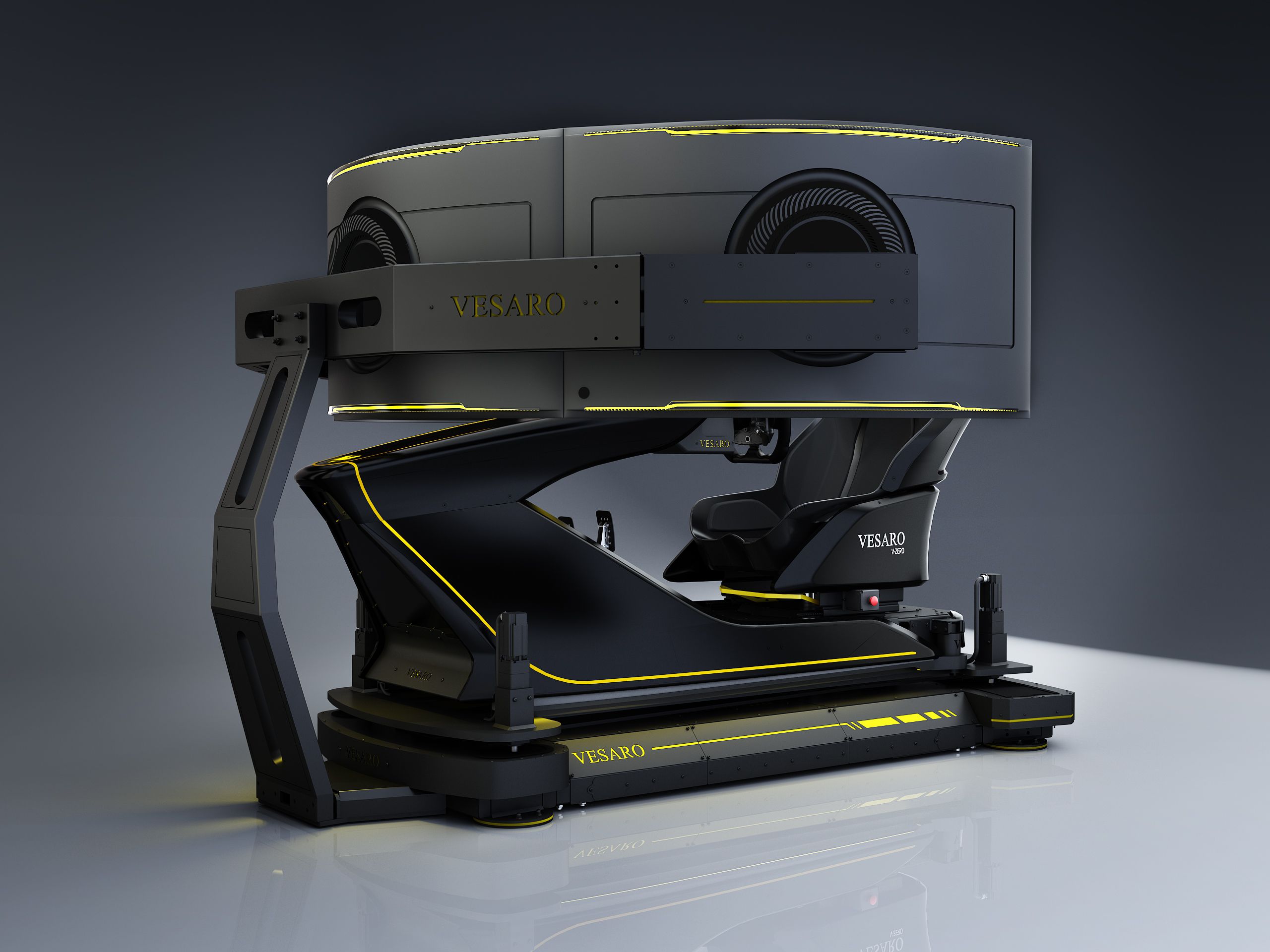 Vesaro simulator with a large triple-screen curved display housing on a black and yellow motion base, side view