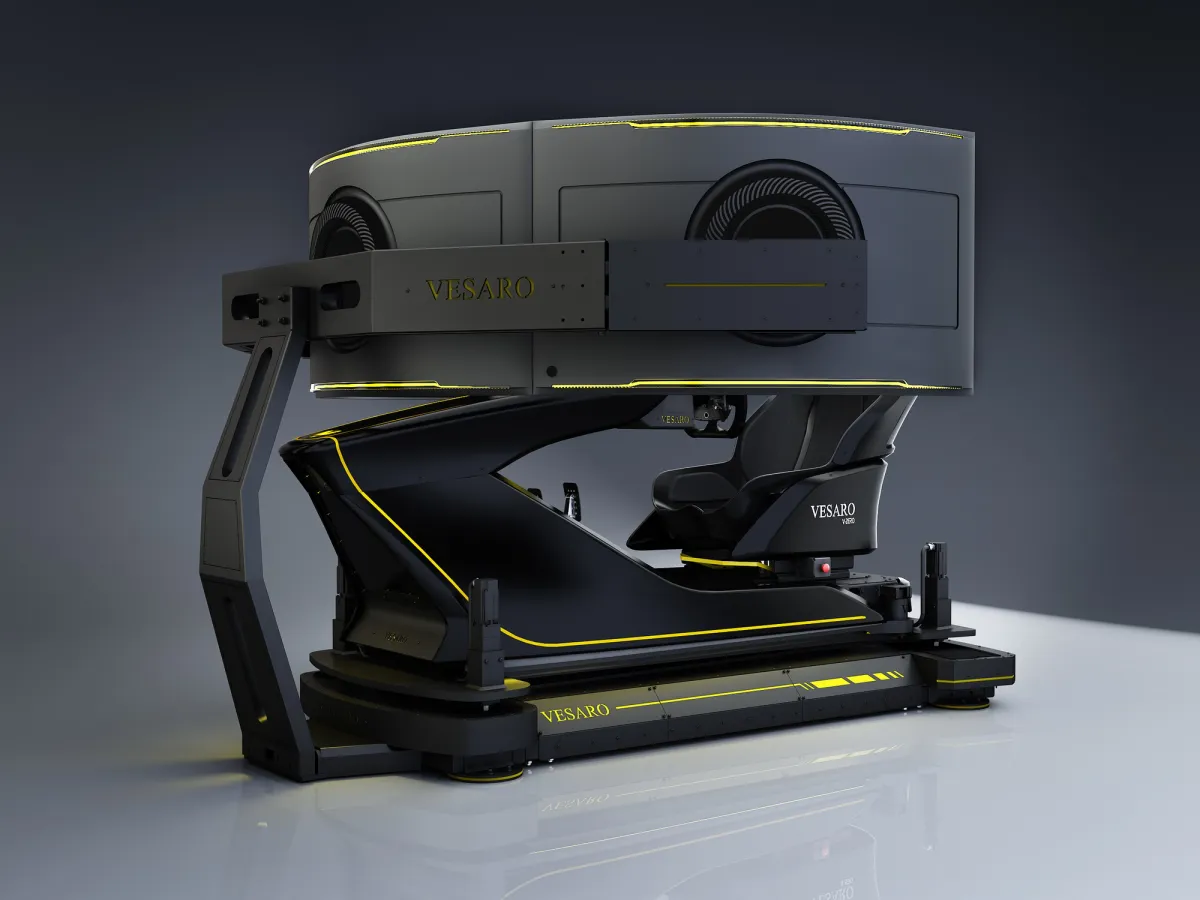 Vesaro simulator with a large triple-screen curved display housing on a black and yellow motion base, side view